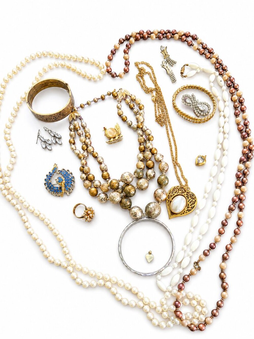 16-Piece Vintage Costume Jewelry Lot | Brooches Pearls Necklaces Bangles